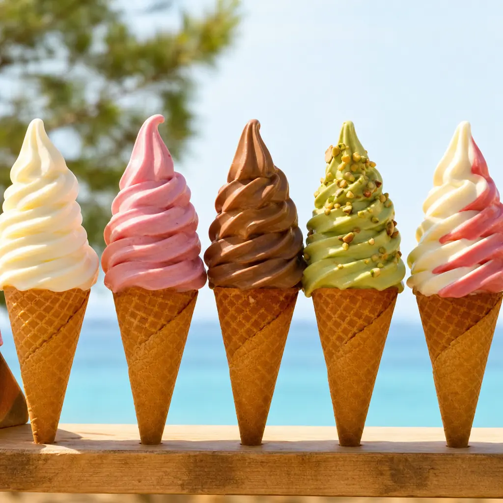 Plusieurs cornets de glace italienne de parfums différents alignés devant la mer