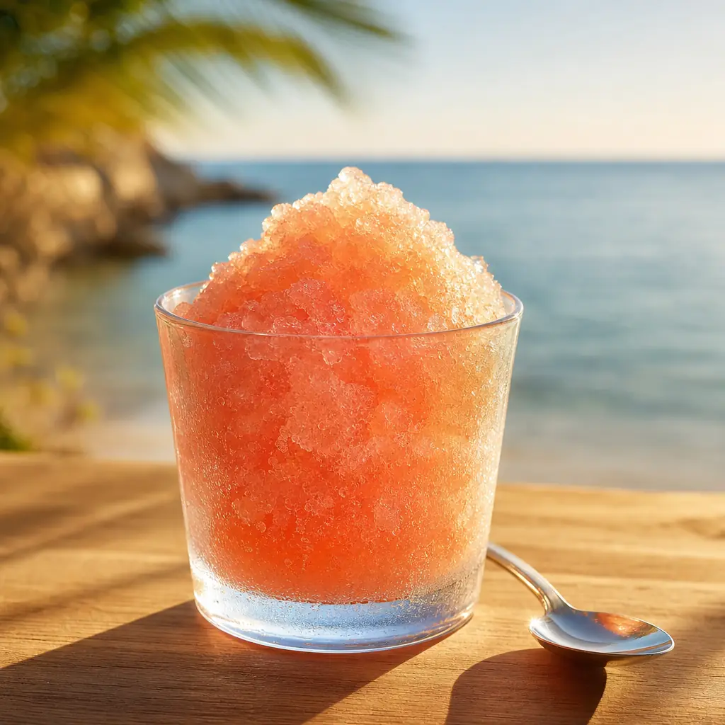 Granité aux cristaux de glace bien visibles dans un verre, cuillère posée, ambiance bord de mer