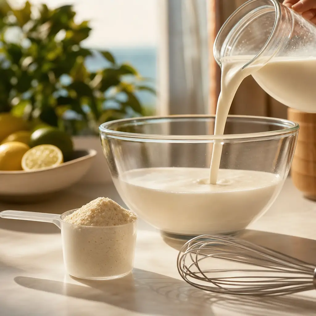 Lait versé dans un bol à côté d'une dose de préparation en poudre mesurée, plan de travail propre